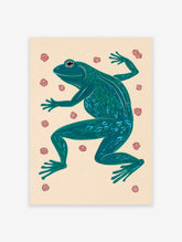 Vibrant green illustrated frog wall art print on a light beige background with small red floral patterns.