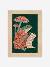 Illustrative frog in a red robe writing on a scroll next to red mushrooms against a dark green background, folk art print.