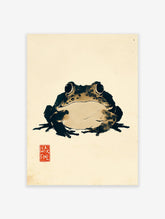 Japanese ink wash frog art print with black and brown tones on a light textured background and a red artist's seal.