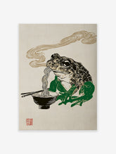 Japanese Ukiyo-e style frog eating ramen noodles with chopsticks in a black bowl, steam rising, on a textured beige background.