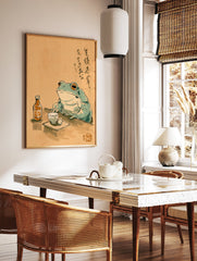 Japanese illustration of a frog sitting at a table with a bottle and cup, featuring calligraphy. Unique frog wall art. - Image 3