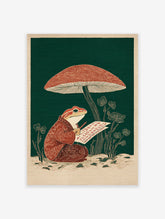 Japanese style frog wall art featuring a frog in a patterned robe writing under a red mushroom with green background.