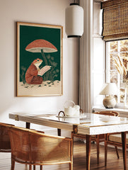 Japanese style frog wall art featuring a frog in a patterned robe writing under a red mushroom with green background. - Image 3