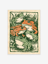 Vintage illustration print showing five green and orange frogs in a pond with reeds, in a woodcut style.