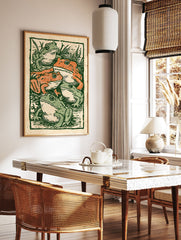 Vintage illustration print showing five green and orange frogs in a pond with reeds, in a woodcut style. - Image 3
