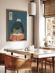 Whimsical frog wall art illustration wearing a blue beanie and orange scarf with Japanese text on a blue background. - Image 2