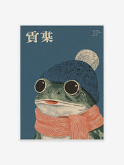 Whimsical frog wall art illustration with a frog wearing a blue beanie, white pom-pom, and orange striped scarf.