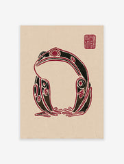 Stylized black and red frog wall art print in an indigenous folk art style on a beige background with a red seal.