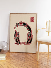 Stylized black and red frog wall art print in an indigenous folk art style on a beige background with a red seal. - Image 2