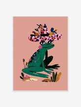 Green frog wearing pink floral hat with insects, sitting on peach background, whimsical illustration print