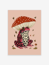 Pink frog with red mushroom hat and black spots, surrounded by leaves, on blush background, illustration art print