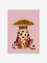 Whimsical frog wearing a spotted mushroom hat, pink background, illustrative animal art print
