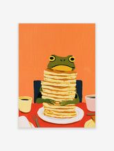 Illustration of a green frog holding a tall stack of pancakes at a red table with two mugs against an orange background
