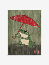 Illustrative print of a green frog holding a red umbrella with white rain streaks on a green background