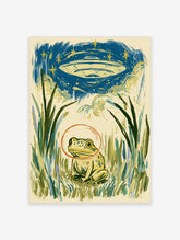 Green frog with red ring under UFO and stars in night sky, surrounded by tall grass, illustrated wall art print