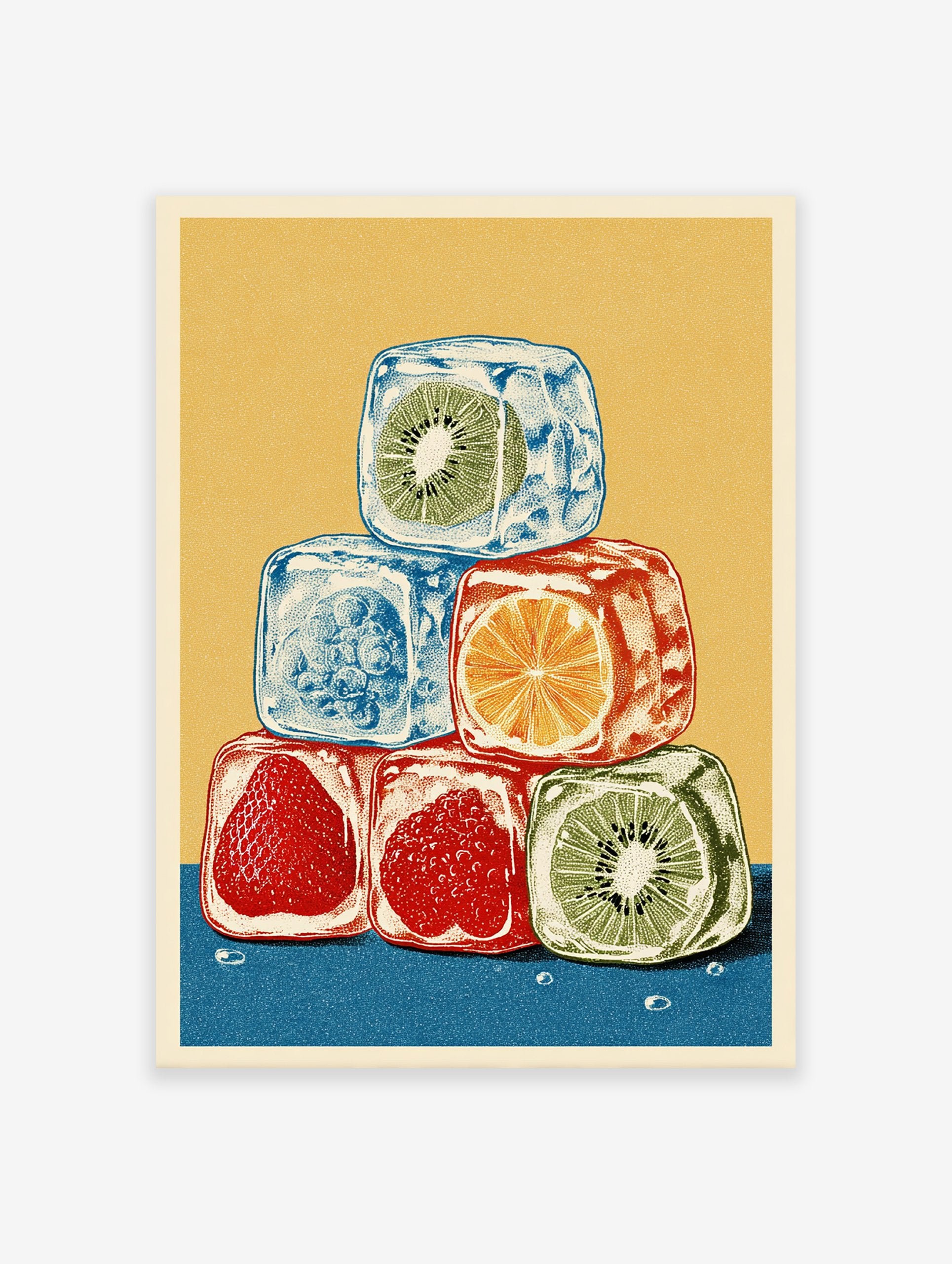 Colorful illustration of stacked fruit ice cubes with kiwi, strawberry, raspberry, blueberry, and orange slices on a yellow and blue background.