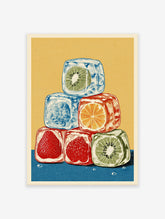 Colorful illustration of stacked fruit ice cubes with kiwi, strawberry, raspberry, blueberry, and orange slices on a yellow and blue background.