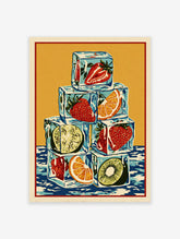 Colorful fruit ice cubes wall art illustration with strawberries, oranges, lime, and kiwi against a yellow background.