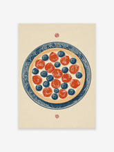 Fruit pizza wall art print featuring strawberries and blueberries on a blue and white decorative plate illustration