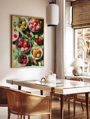 Vibrant fruit wall art illustration showing colorful plums and cherries in bowls on a green floral tablecloth, top-down view. - Image 2