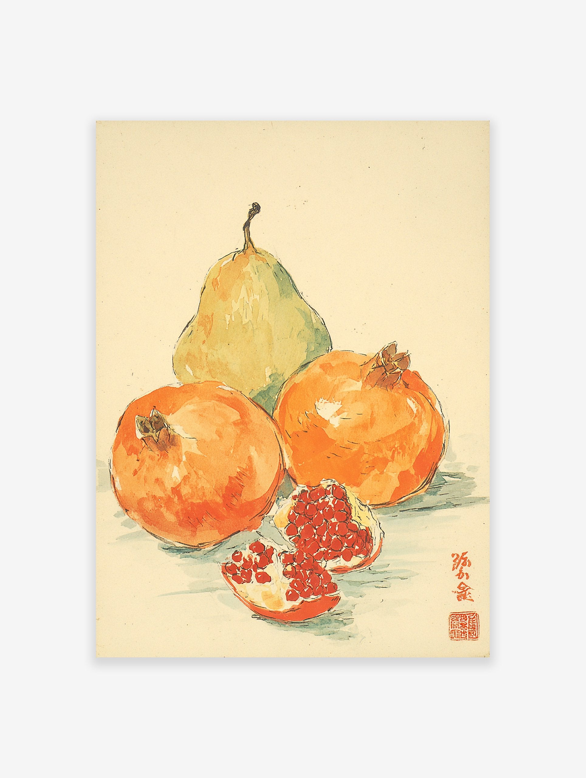 Watercolor fruit wall art showing a green pear and two orange pomegranates, one cut open, with Japanese calligraphy.