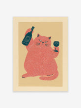 Humorous red cat wall art illustration holding a wine bottle and glass on a light yellow background.