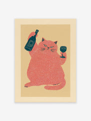 Humorous red cat wall art illustration holding a wine bottle and glass on a light yellow background.