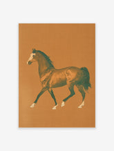Illustrative print of a galloping horse with white blaze and dark mane against a plain brown background