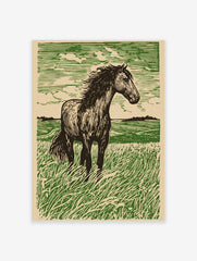 Illustrative woodcut-style print of a dark horse standing in a green field with a textured sky