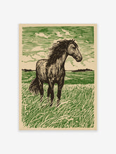 Linocut style art print of a dark green horse standing in a vibrant green field with a windswept mane