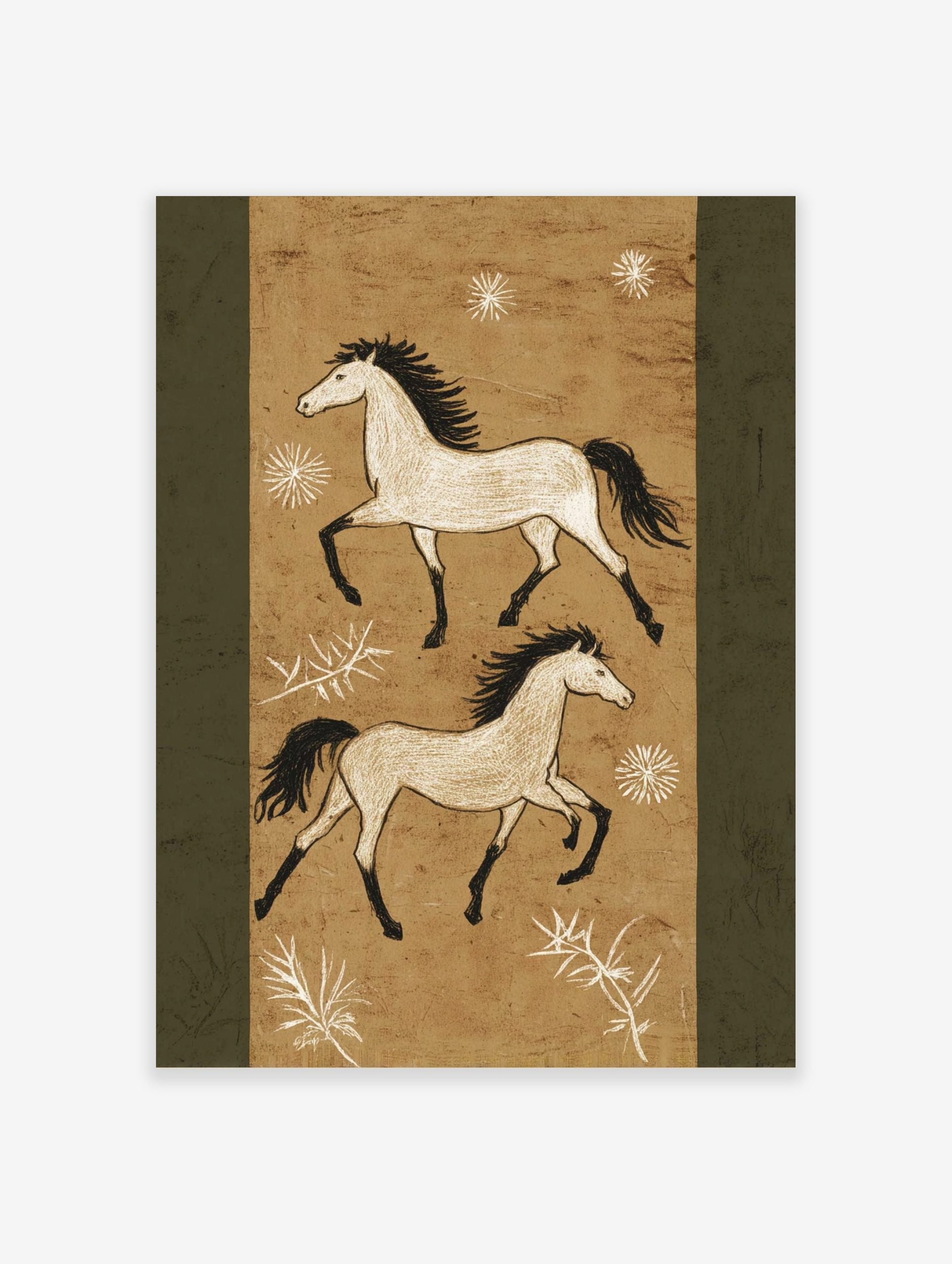 Two illustrative white horses with black manes and tails gallop on a textured tan background with white plant motifs