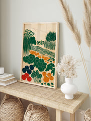 Garden harvest poster illustration featuring a field with red tomatoes, blue eggplants, orange gourds, green leafy plants, trees, and water. - Image 4