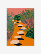 Illustrative Garden Path Art print with orange ground, pink sky, green foliage, and colorful stepping stones.