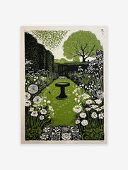 Linocut style garden path print with a bird bath, green hedges, white flowers, and a large tree