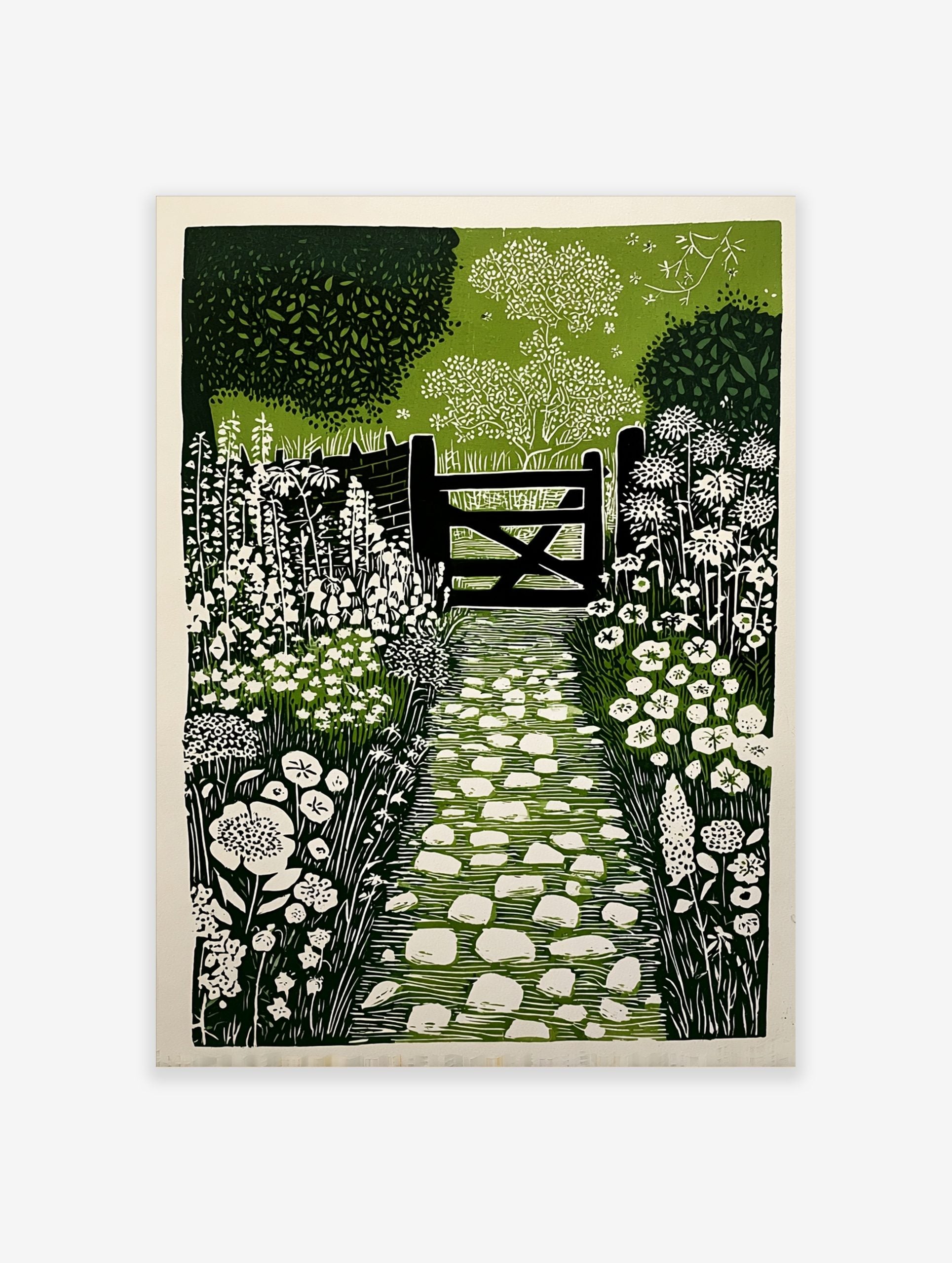 Linocut style garden path leading to a gate with white flowers and green foliage wall art print