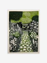 Linocut style garden path leading to a gate with white flowers and green foliage wall art print