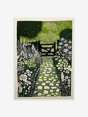 Linocut style garden path leading to a gate with white flowers and green foliage wall art print