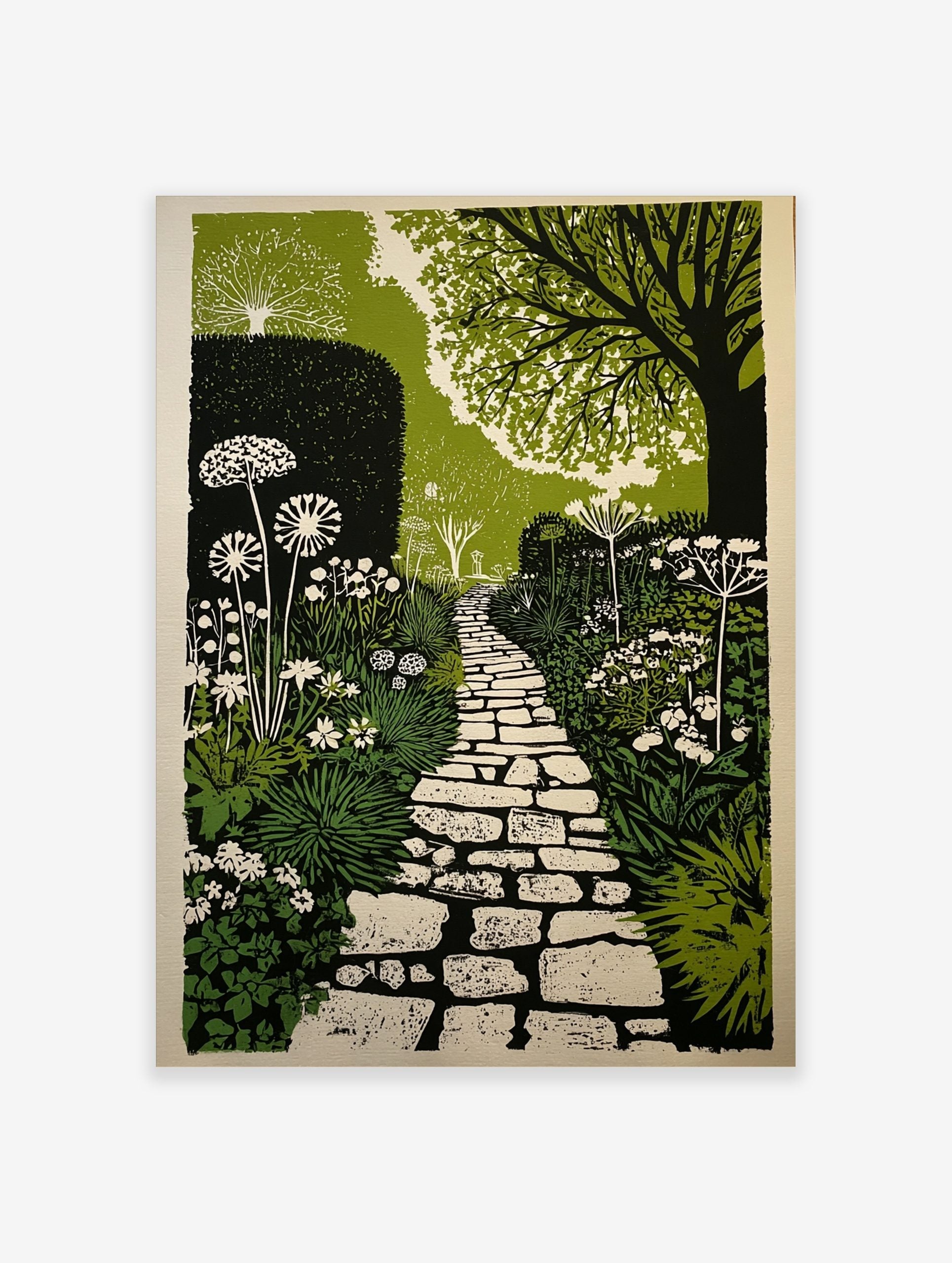 Illustrative garden path print with winding stone path, green foliage, and white flowers
