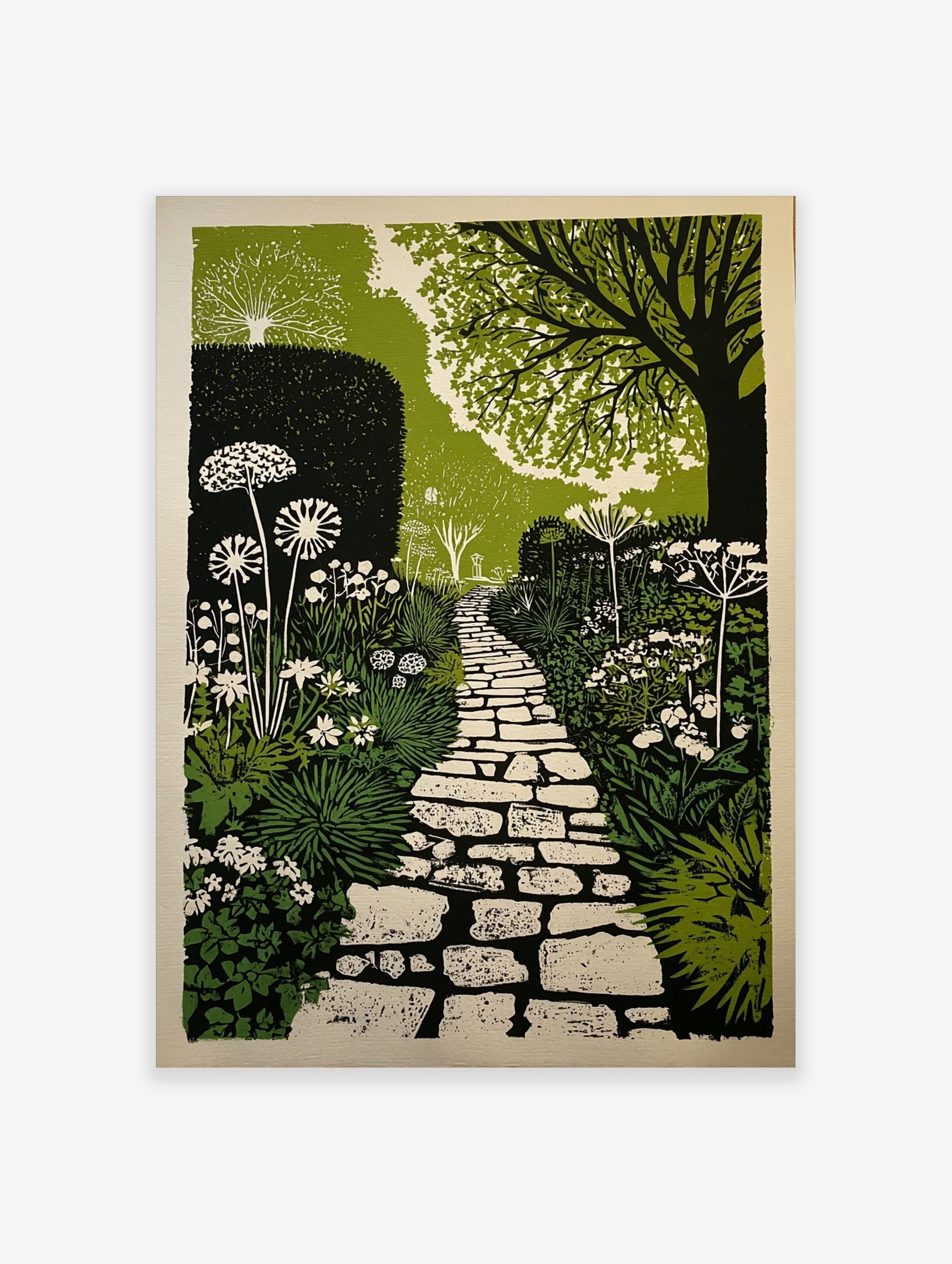 Illustrative garden path print with winding stone pathway, lush green foliage, and white flowers
