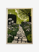 Illustrative garden path print with winding stone pathway, lush green foliage, and white flowers