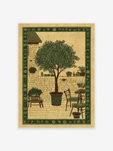 Detailed garden wall art illustration of a patio with a large potted tree, stone wall, and outdoor furniture in green and beige.