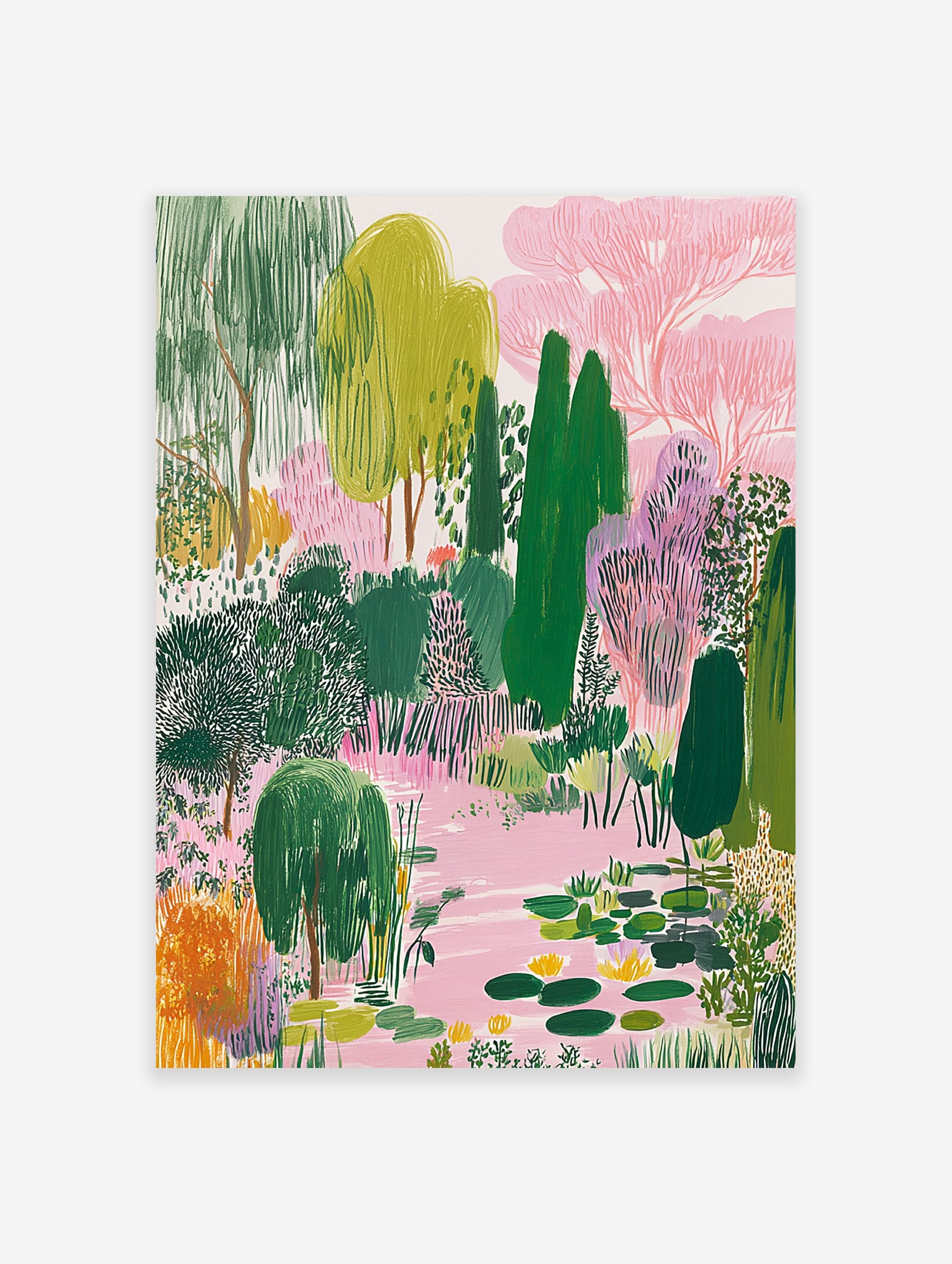 Illustrative garden pond poster with green trees, pink water, and yellow water lilies.