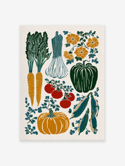 Illustrated garden vegetable poster featuring carrots, garlic, tomatoes, pumpkin, and peas in a vintage block print style.