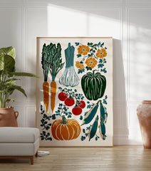 Illustrated garden vegetable poster featuring carrots, garlic, tomatoes, pumpkin, and peas in a vintage block print style. - Image 3