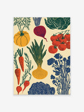 A garden vegetable poster featuring illustrations of pumpkin, carrots, onion, beetroot, tomatoes, and leafy greens in a vintage style.