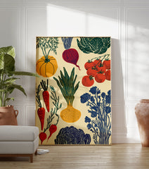 A garden vegetable poster featuring illustrations of pumpkin, carrots, onion, beetroot, tomatoes, and leafy greens in a vintage style. - Image 3