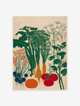Garden vegetables poster illustration featuring green leafy plants, orange carrots, red tomatoes, and blue root vegetables on a light background.
