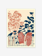 Illustrative Garden Wall Art print with blue birds, terracotta plants, and patterned gardening gloves on a fence.