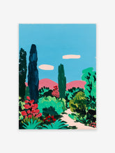 Vibrant garden wall art painting featuring tall trees, green bushes, red flowers, and pink mountains under a blue sky.