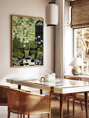 Illustrative green garden art print with potted plants, white dandelions, brick wall, arched gate, in a styled room mockup
